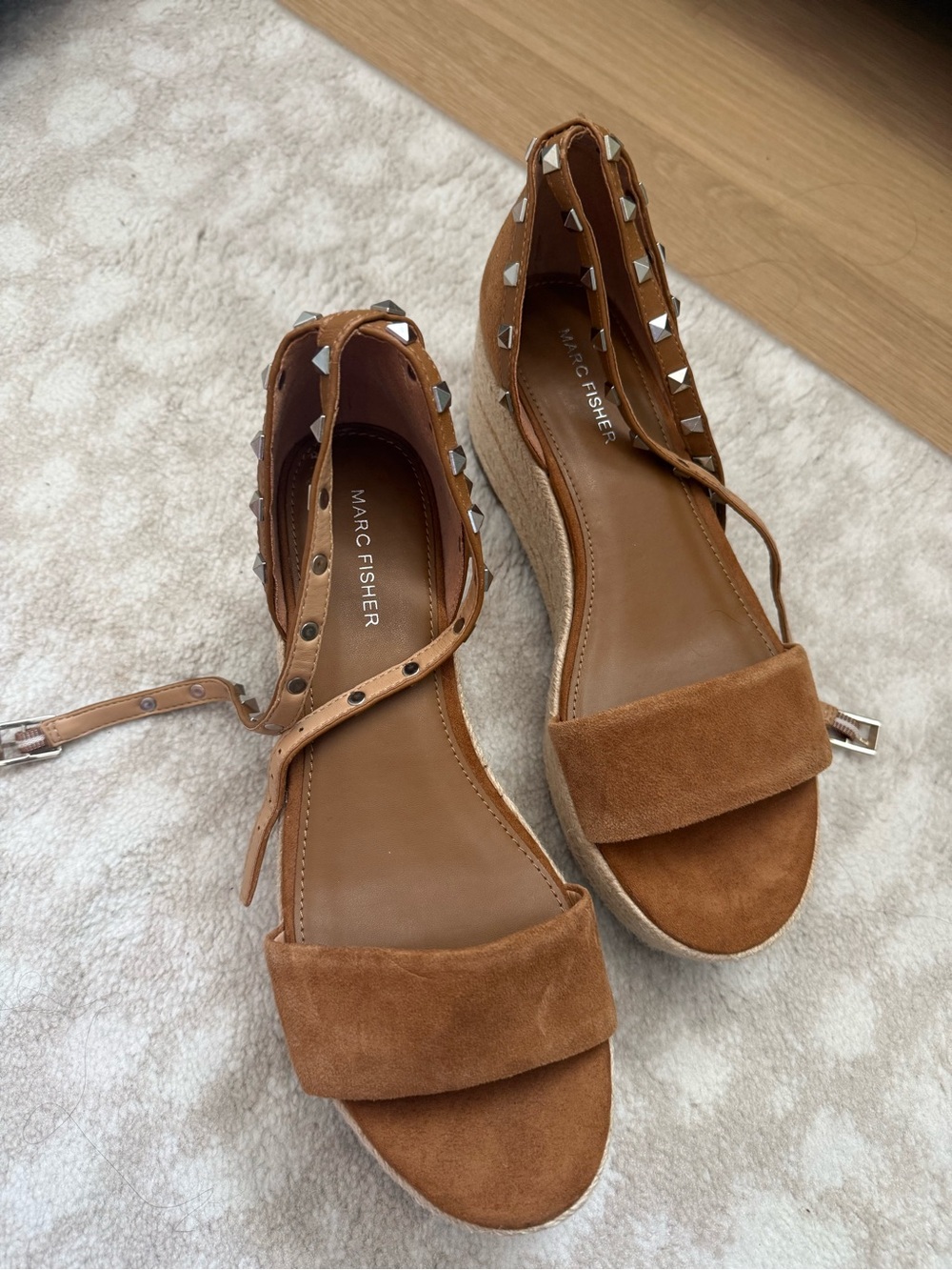 Marc Fisher Tan Suede Studded Espadrille Wedge Sandals